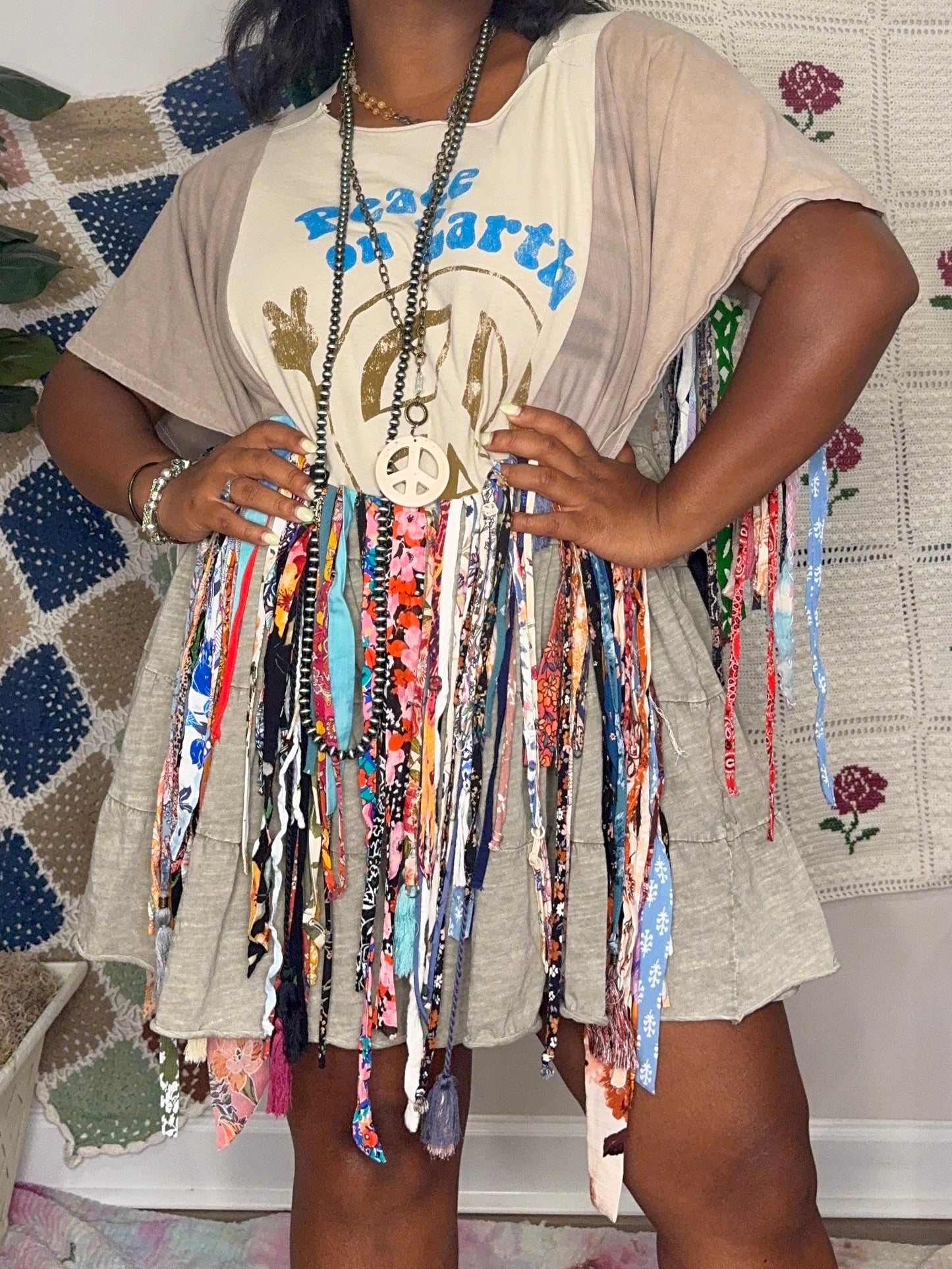 XXS-1XL Peace On Earth Fringe Poncho