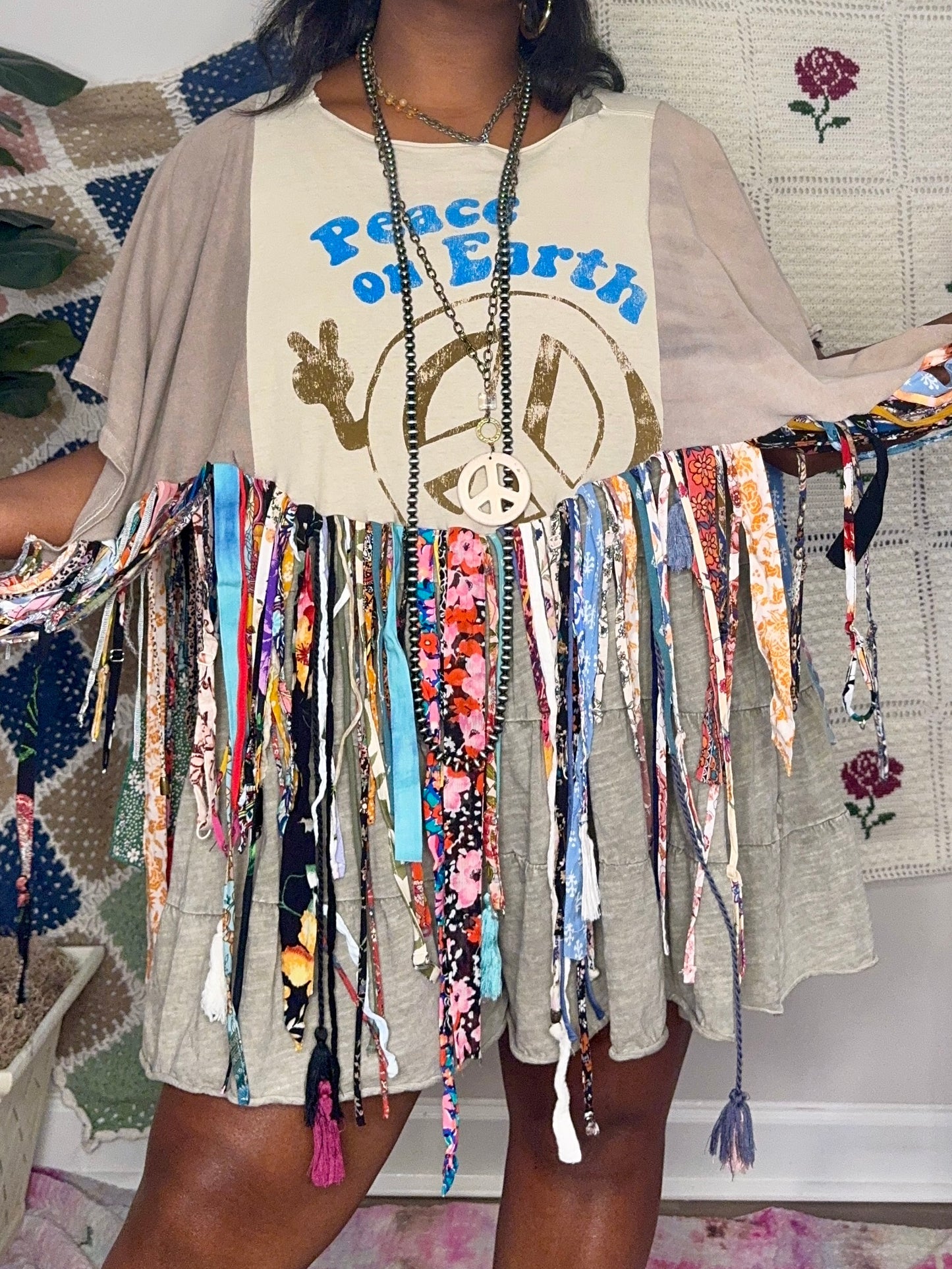 XXS-1XL Peace On Earth Fringe Poncho