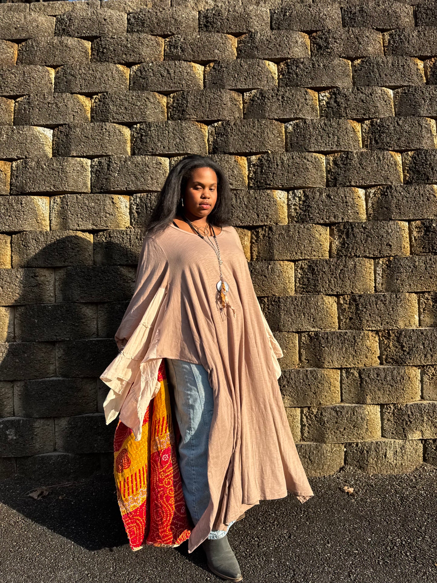 Large-3XL Solid Beige Swing Maxi Tee