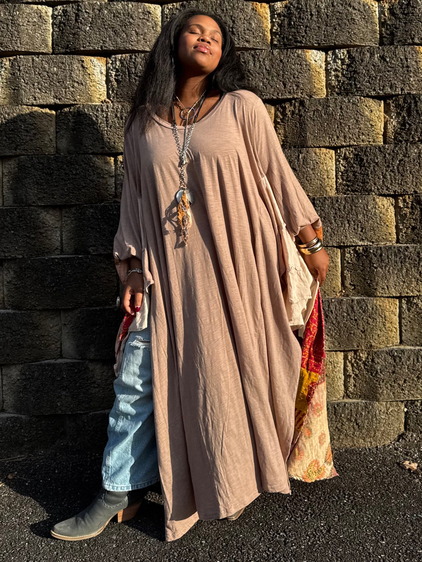 Large-3XL Solid Beige Swing Maxi Tee