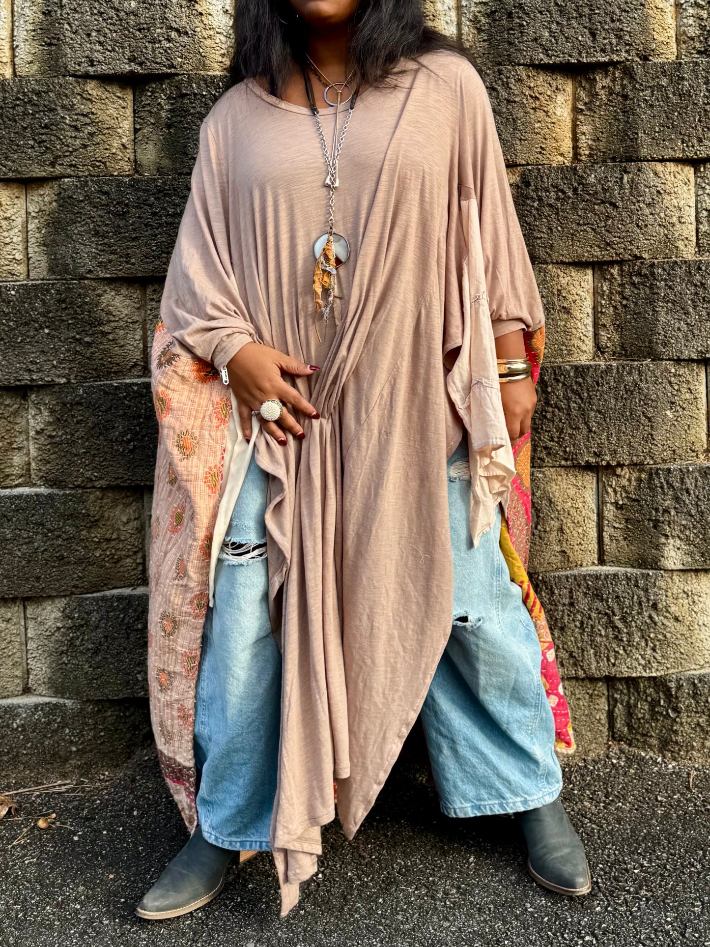 Large-3XL Solid Beige Swing Maxi Tee